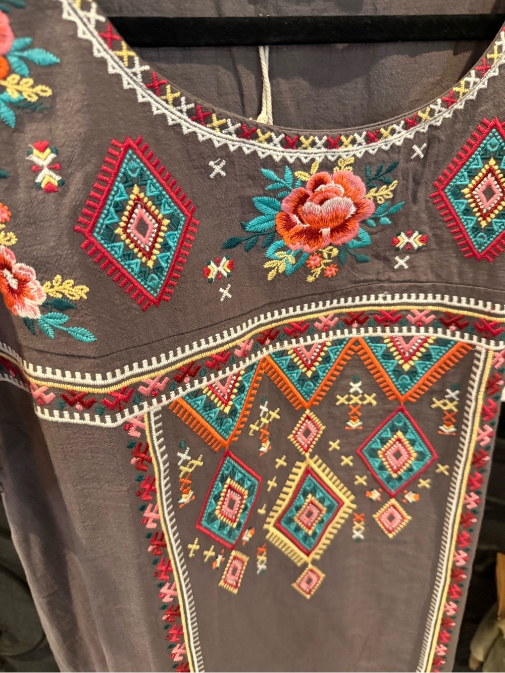 Savanna Jane Gray Embroidered Boho Blouse with Pink & Teal Floral Accents - Picture 3 of 5